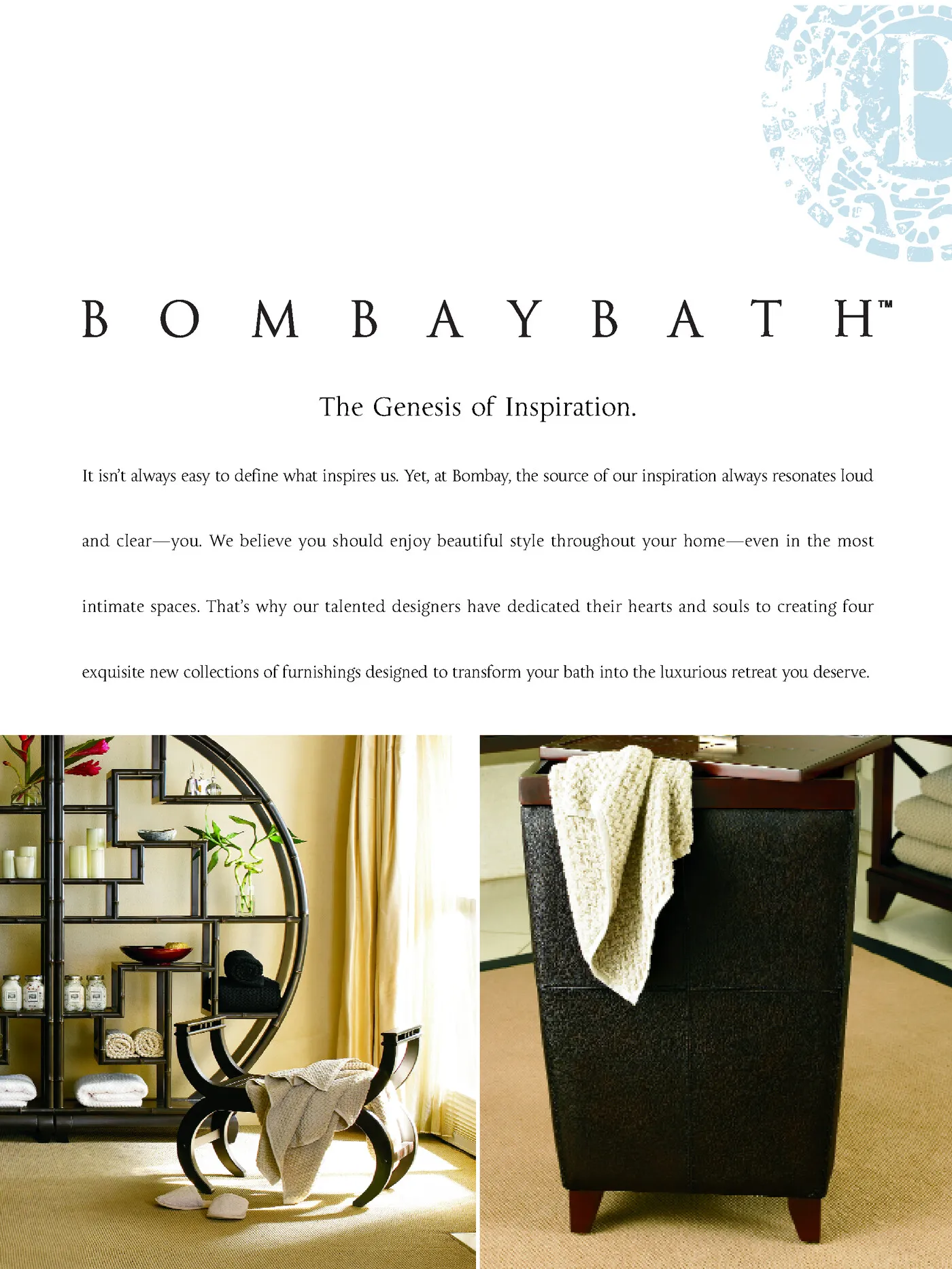 Bombay Bath brochure page — the wordmark, 'The Genesis of Inspiration', and furniture photography.