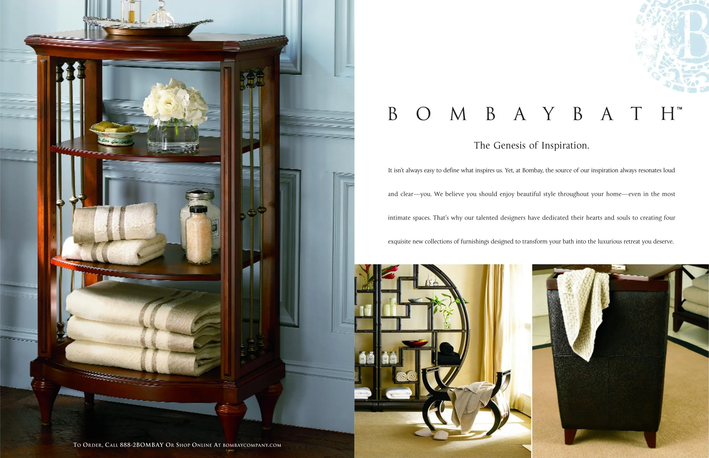 Catalog spread with a full-page photograph of a wooden bath shelf stacked with towels, facing the Bombay Bath wordmark and an introductory statement, The Genesis of Inspiration.