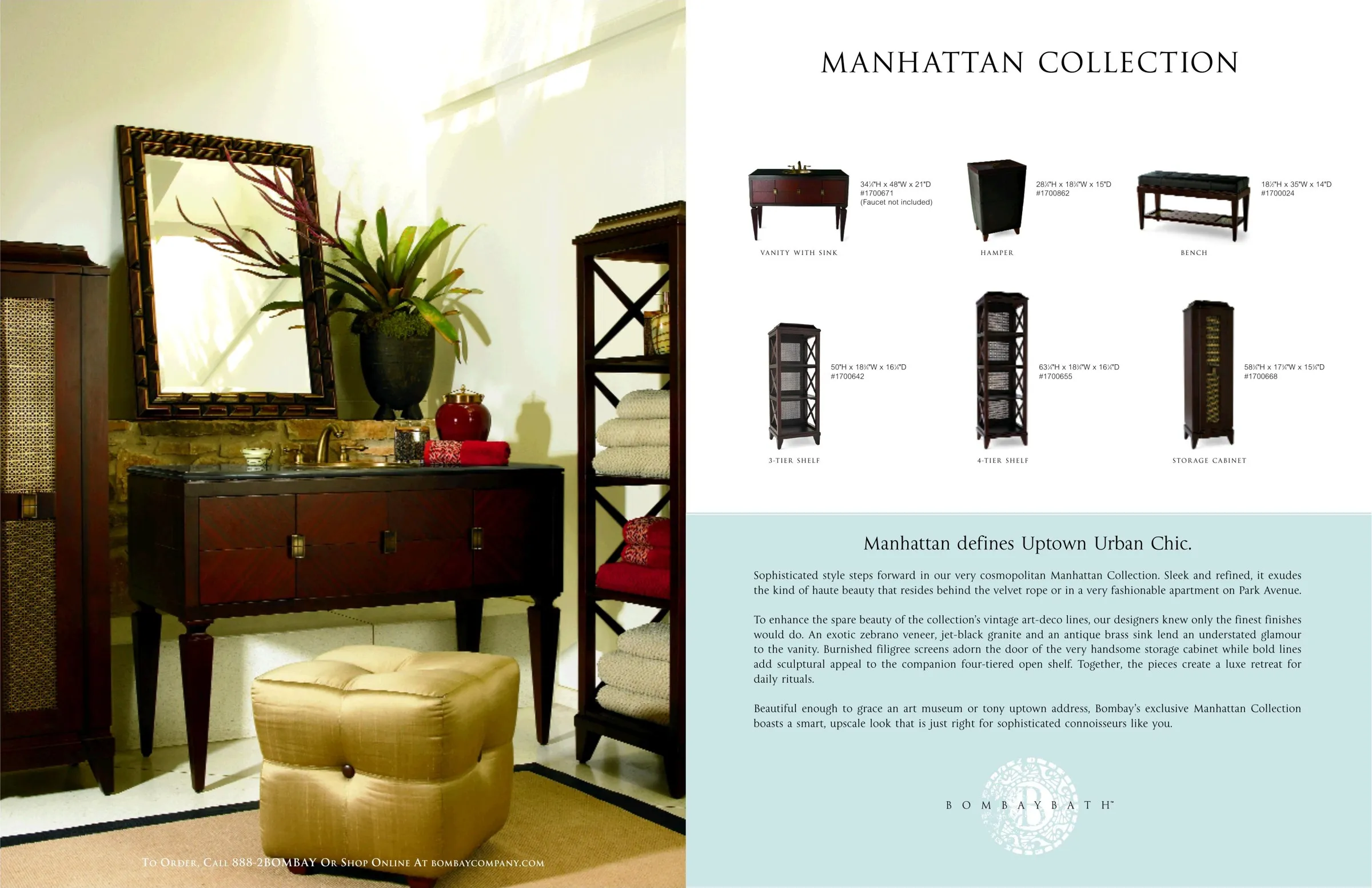 Catalog spread for the Manhattan Collection: a full-page vanity photograph facing a product lineup with dimensions and descriptive copy.