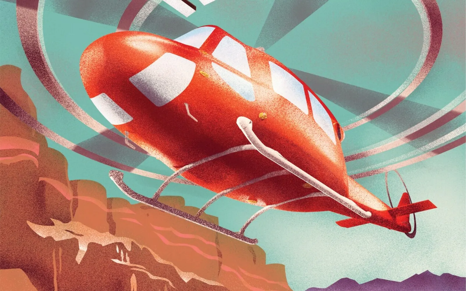 Vintage-style poster illustration of a red helicopter over a canyon — 'Keep Them Flying with Cyber Hardening.'