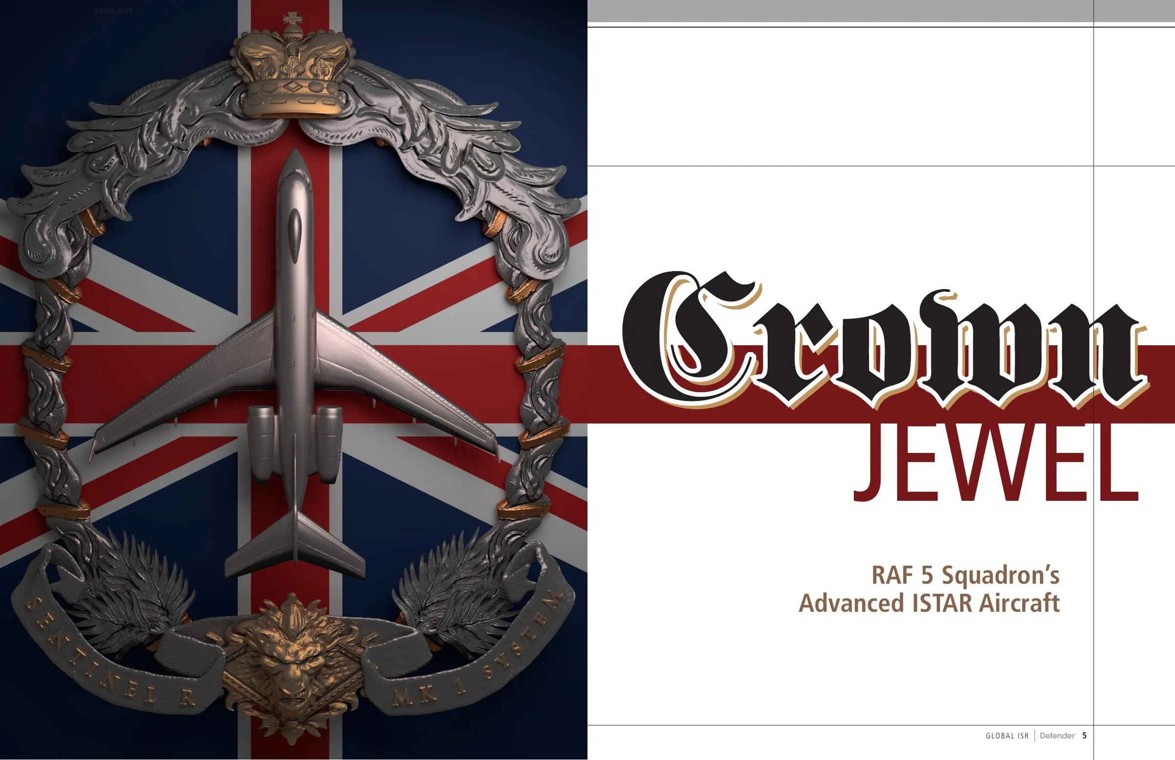 Feature opener titled Crown Jewel: a sculpted metal RAF squadron crest rendered in 3-D over a Union Jack, facing blackletter display type.