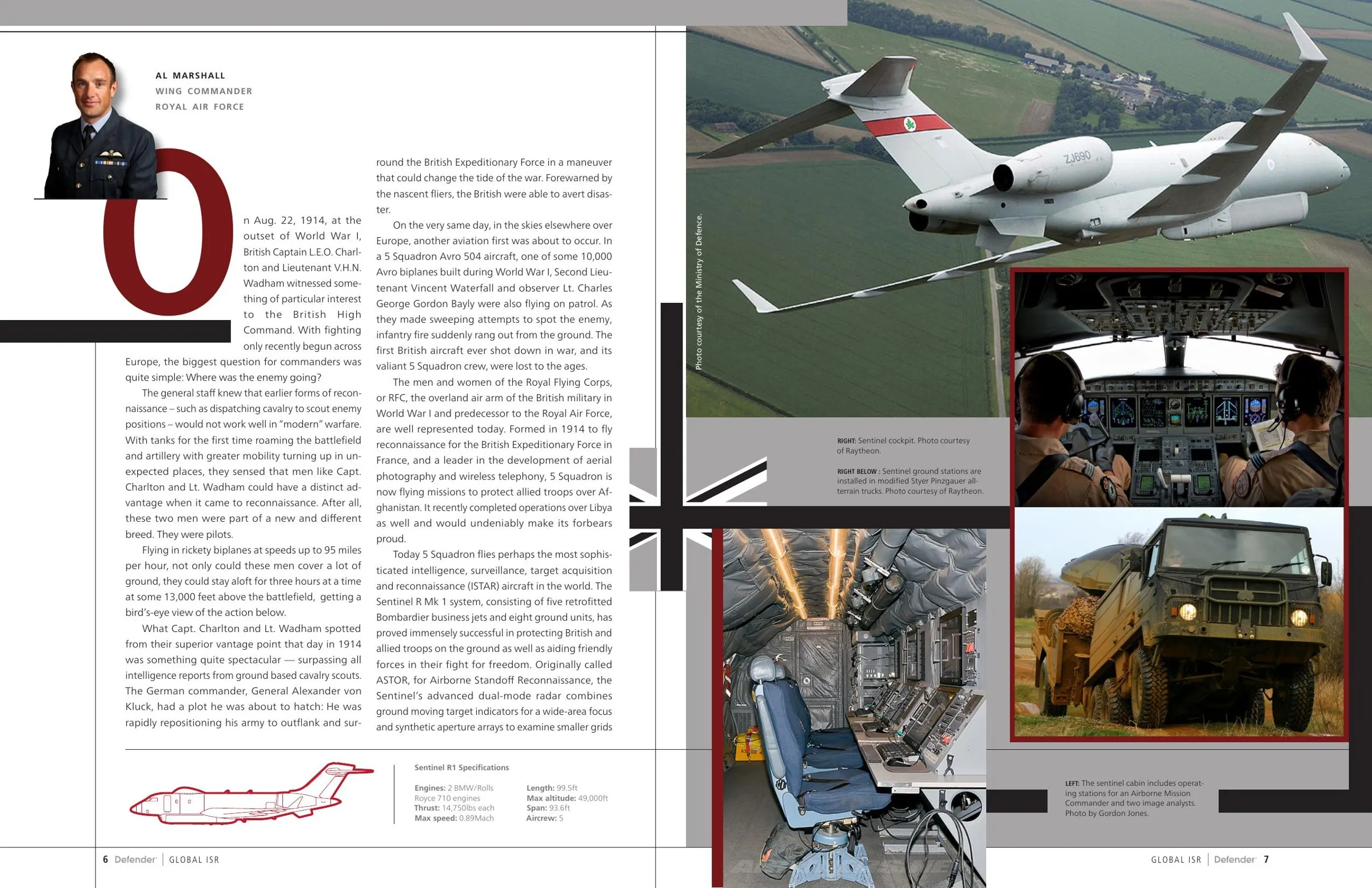 Feature spread on the Sentinel R1, combining a wing commander portrait, an aircraft in flight, cockpit and cabin photography, and a line-drawn specification diagram.
