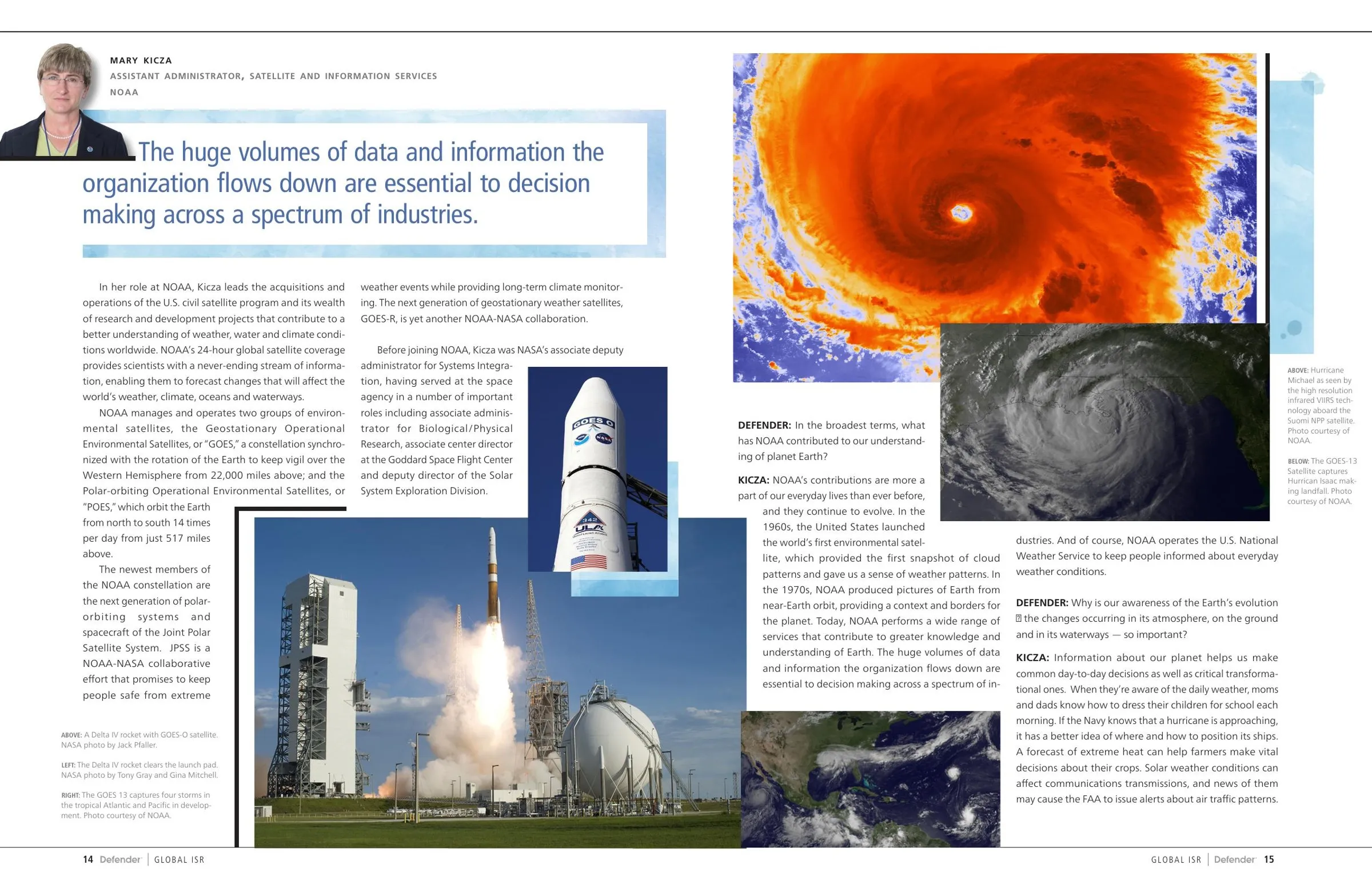 Feature spread on NOAA satellites, mixing a portrait, rocket launch photography, and infrared and visible-light hurricane imagery.