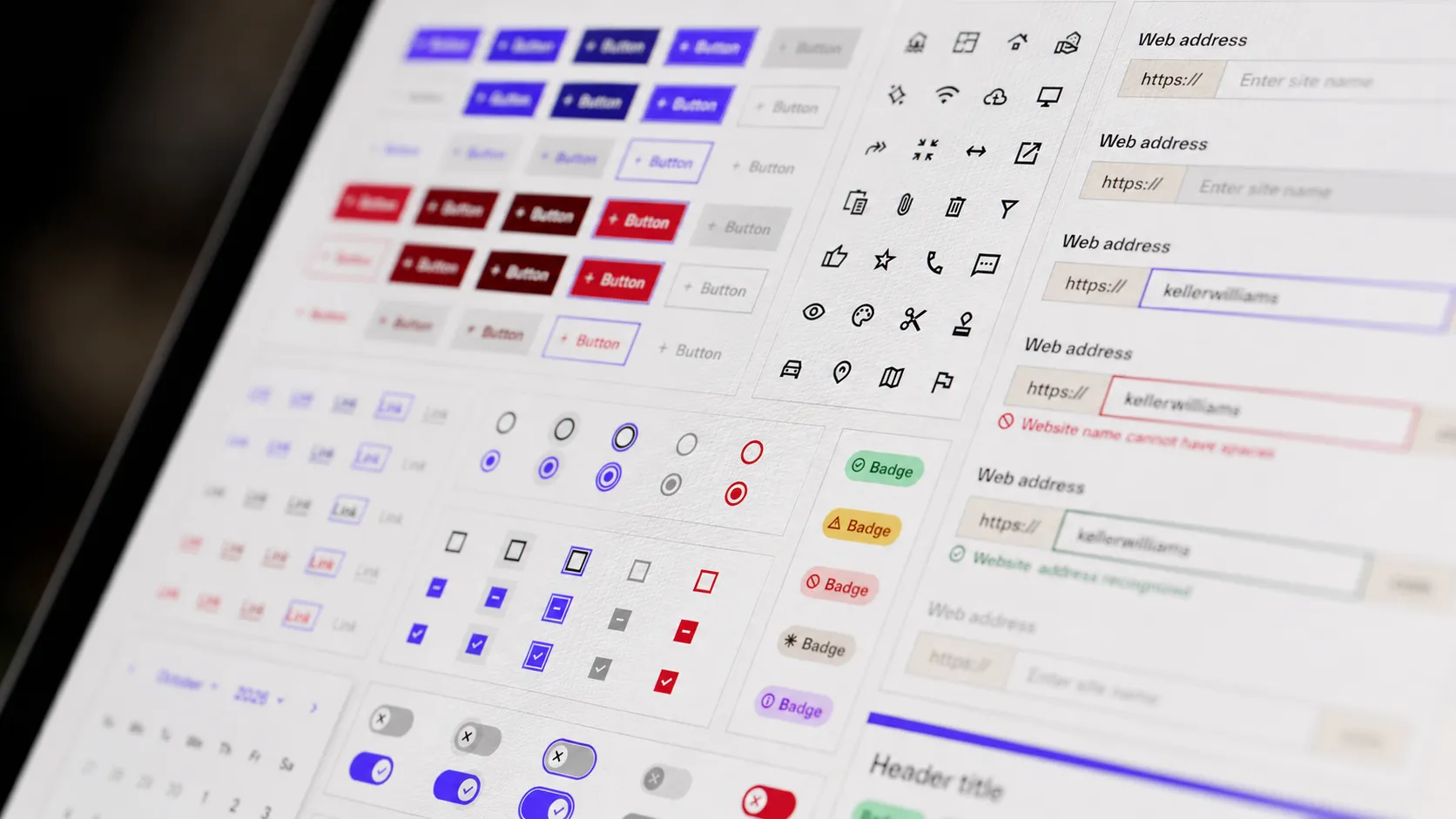 An angled view of the Ensemble design system UI kit — buttons, icons, form fields, toggles, and badges across multiple states.