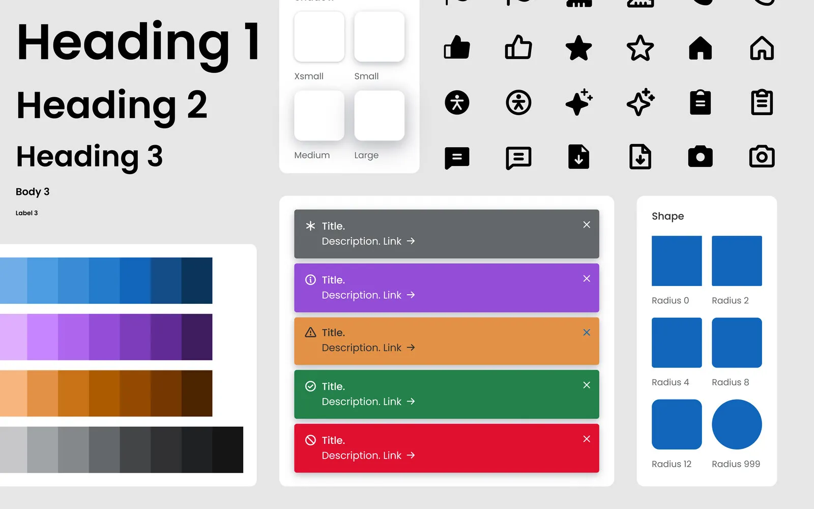 Ensemble v5 component gallery — stacked status banners in gray, purple, orange, green, and red.