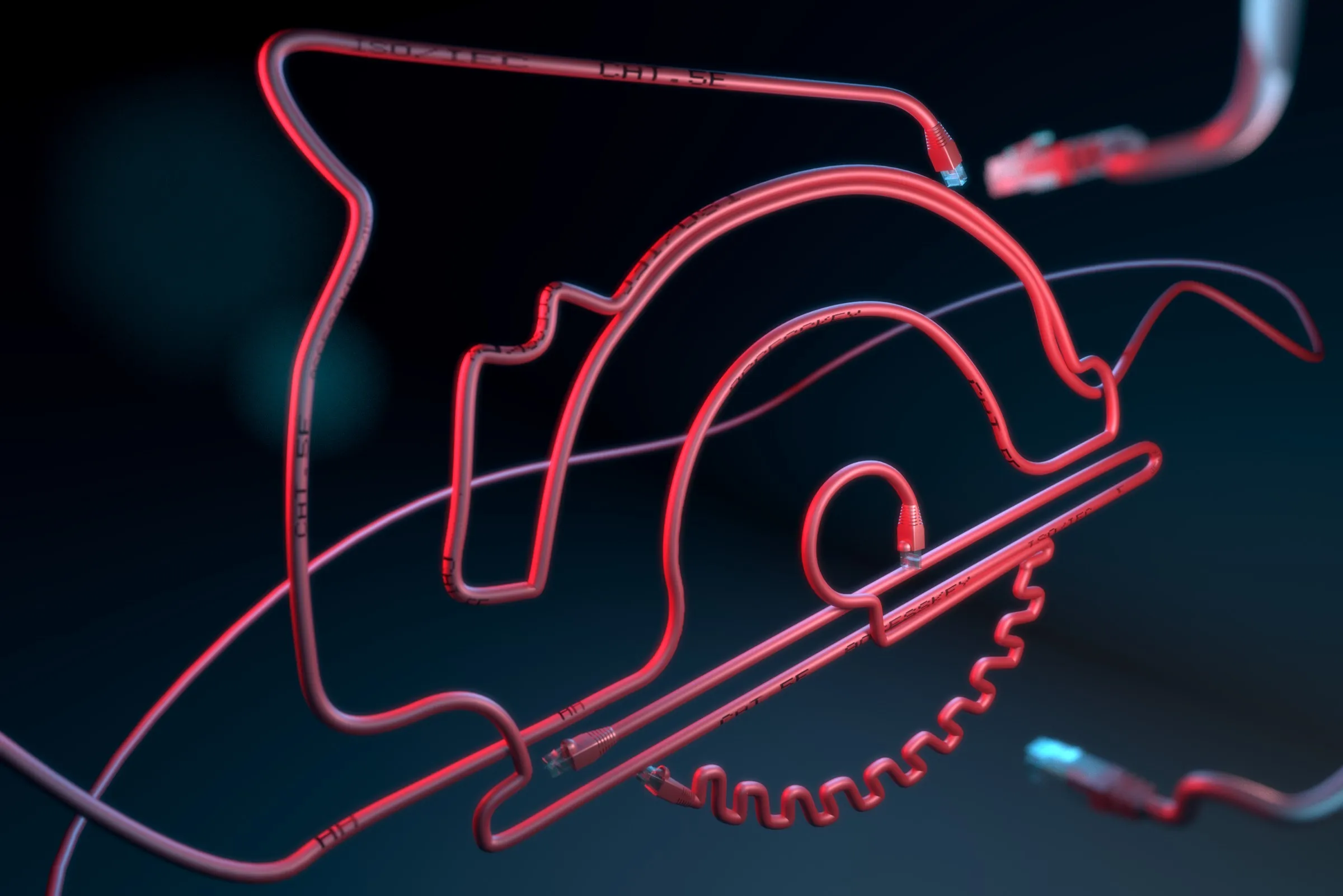 Glowing red network cables coiled into the silhouette of a circular saw, the cable curling into its toothed blade.