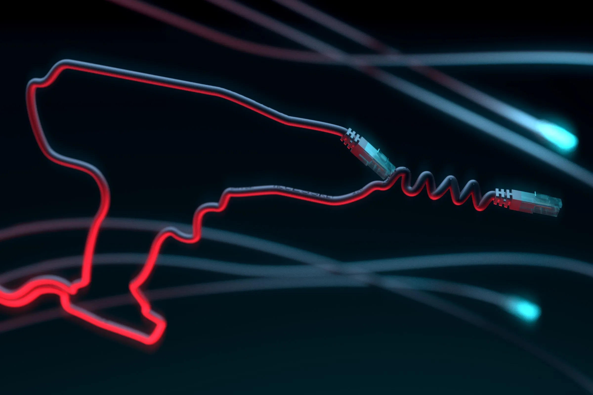 Glowing red network cables coiled into the silhouette of a power drill, its cord ending in an ethernet connector.