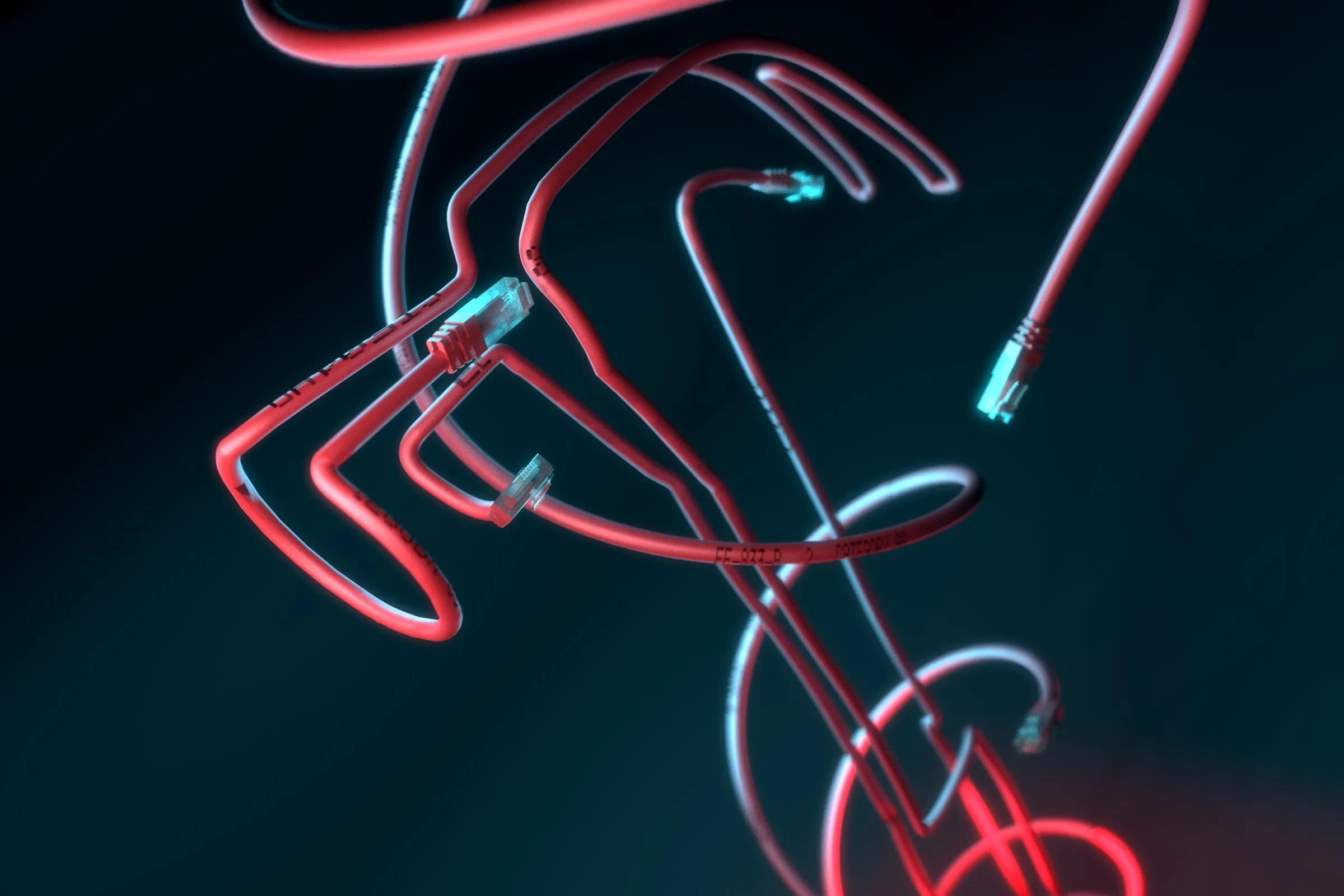 Glowing red network cables coiled into the silhouette of a claw hammer.