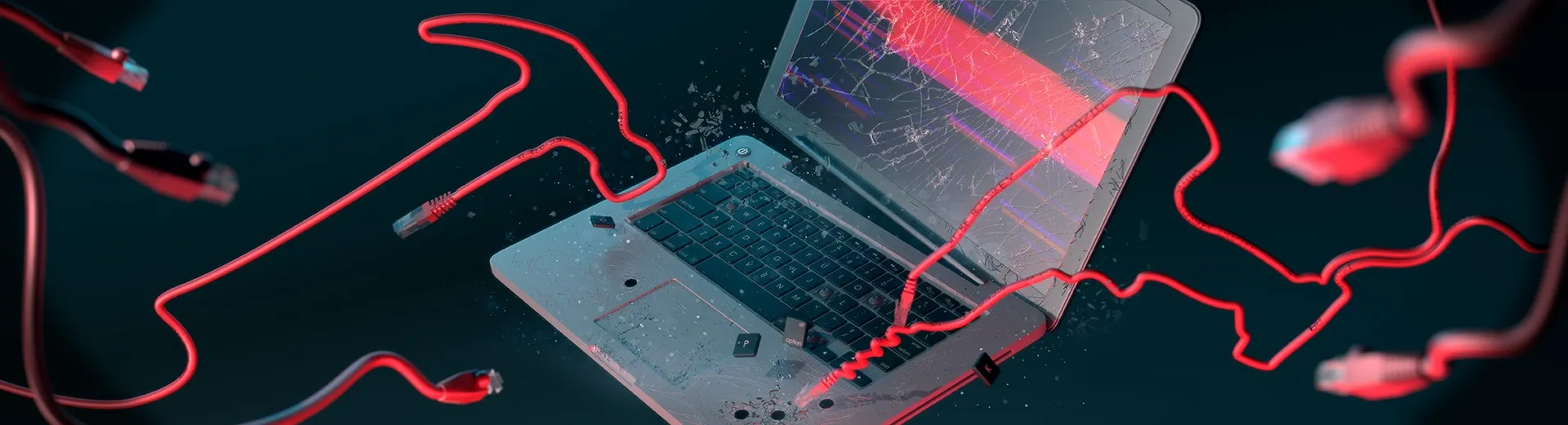 Wide render of an open laptop with a shattering screen, red network cables snaking around it against a dark teal field.