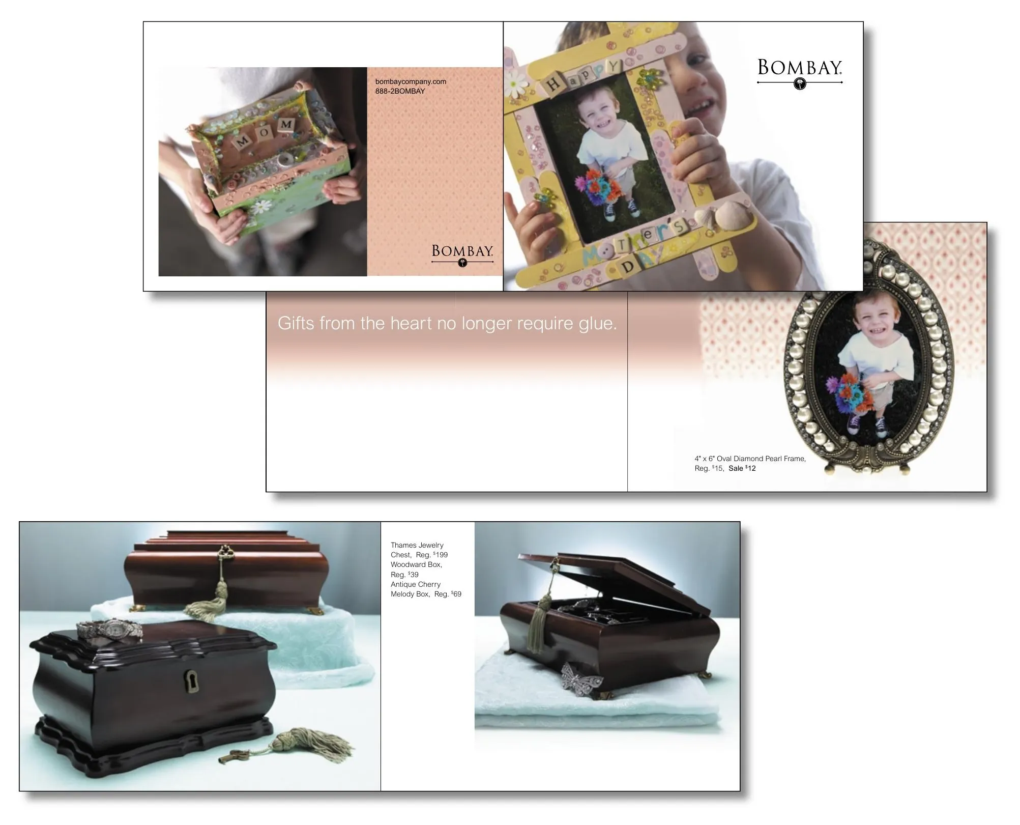 Brochure spreads showing the cover, a child holding a handmade Mother's Day frame, the line 'Gifts from the heart no longer require glue,' and a pearl-edged oval frame beside wooden jewelry boxes.