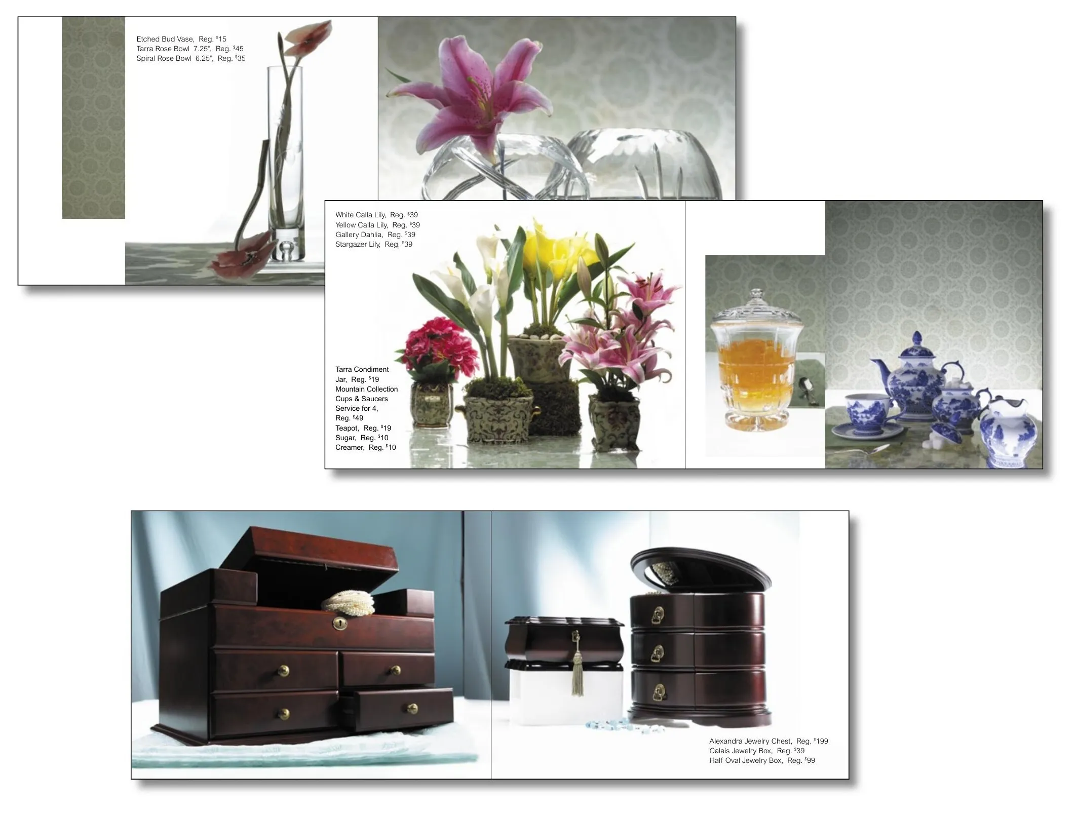 Brochure spreads showing etched glass vases and rose bowls, potted lilies with a blue and white tea service, and a pair of wooden jewelry chests.