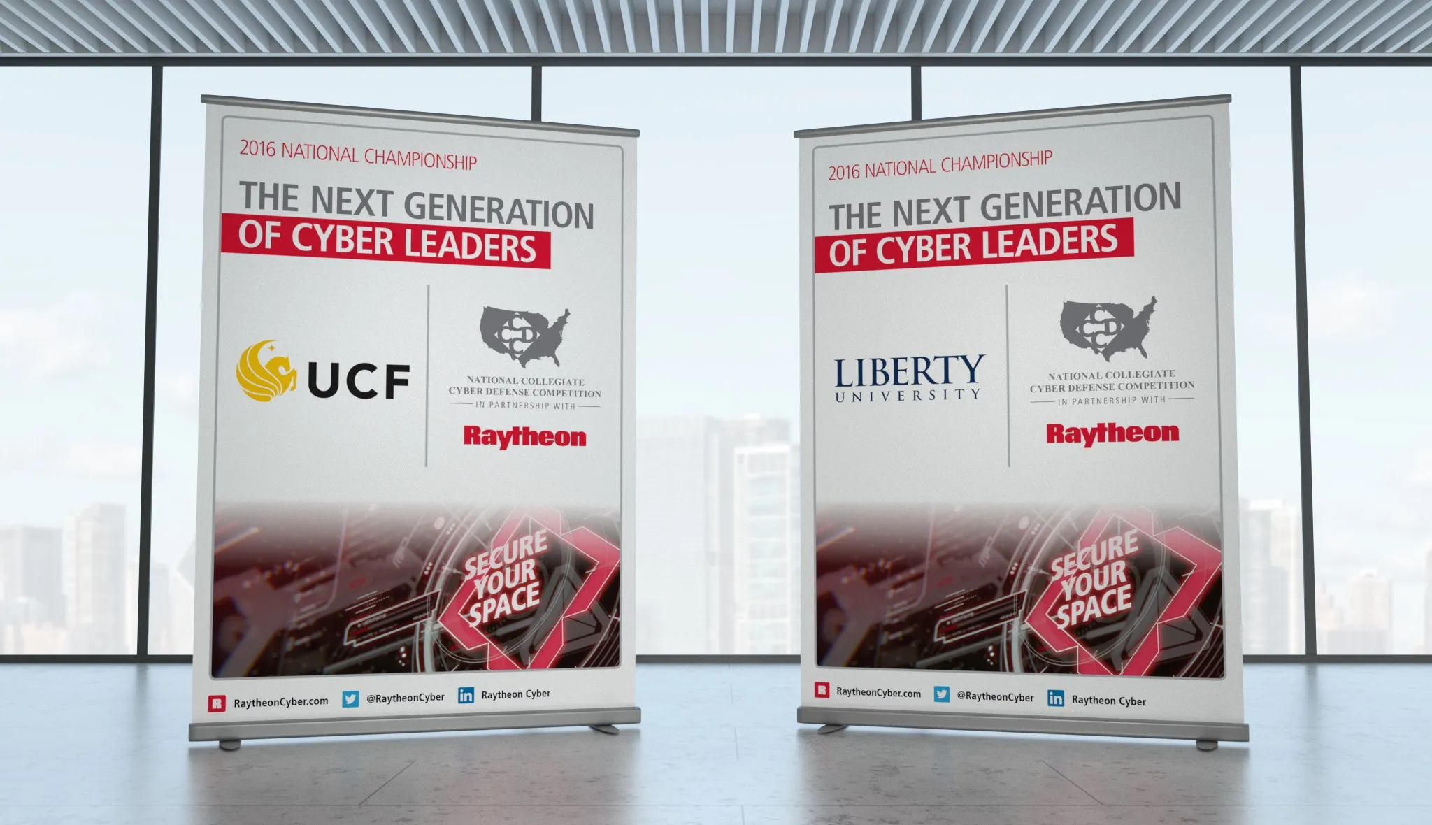 Competition team banners rendered in a row, each pairing a university crest with the championship lockup.