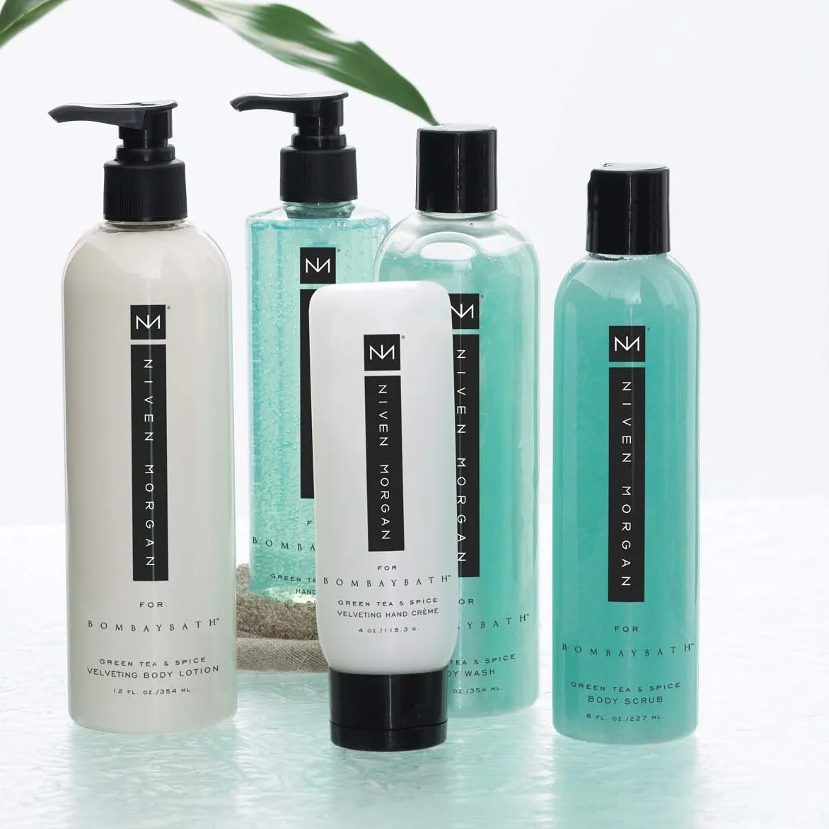 The rosemary mint group in pale aqua, the clear gels catching light against a white background.