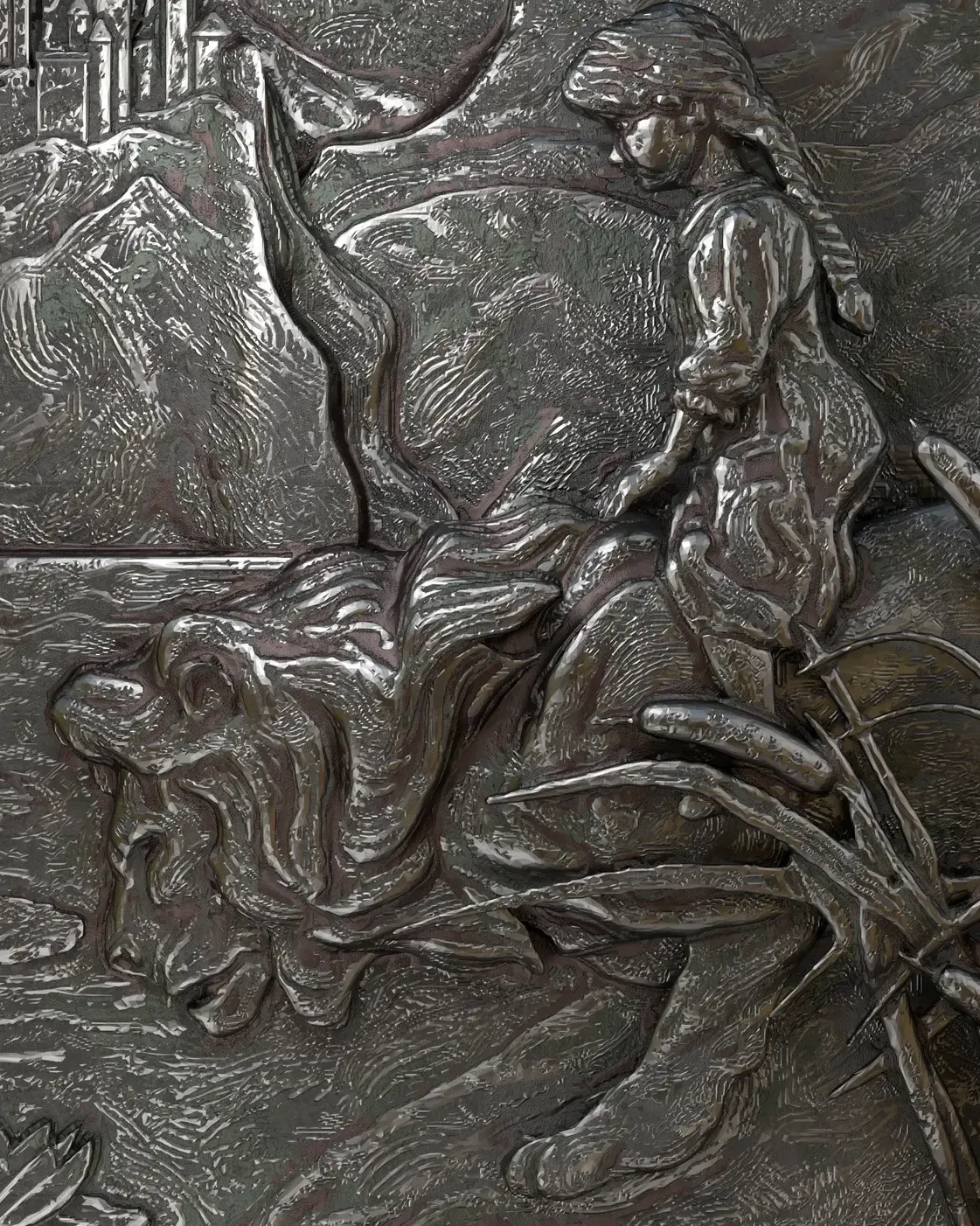 Detail of a cast metal relief: Dorothy leaning against the Cowardly Lion beside water, the Emerald City in the distance.