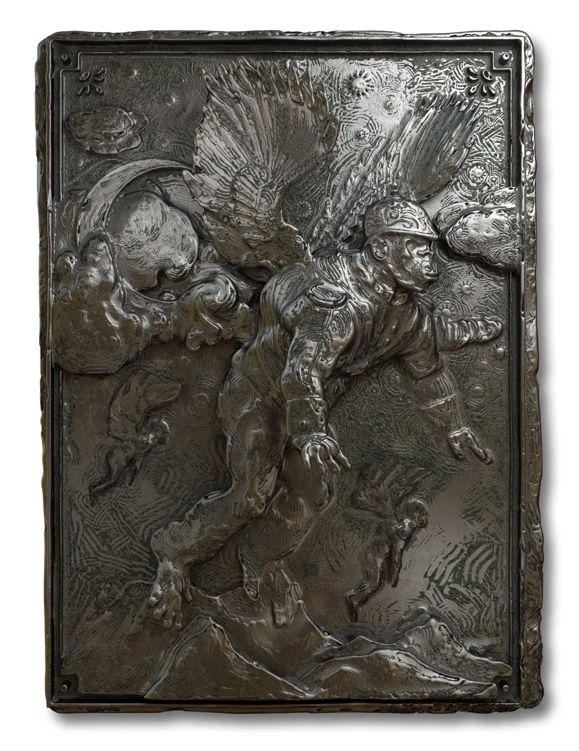 Cast metal relief of a winged monkey in flight, arms outstretched over a moonlit landscape, more of the troop behind it.