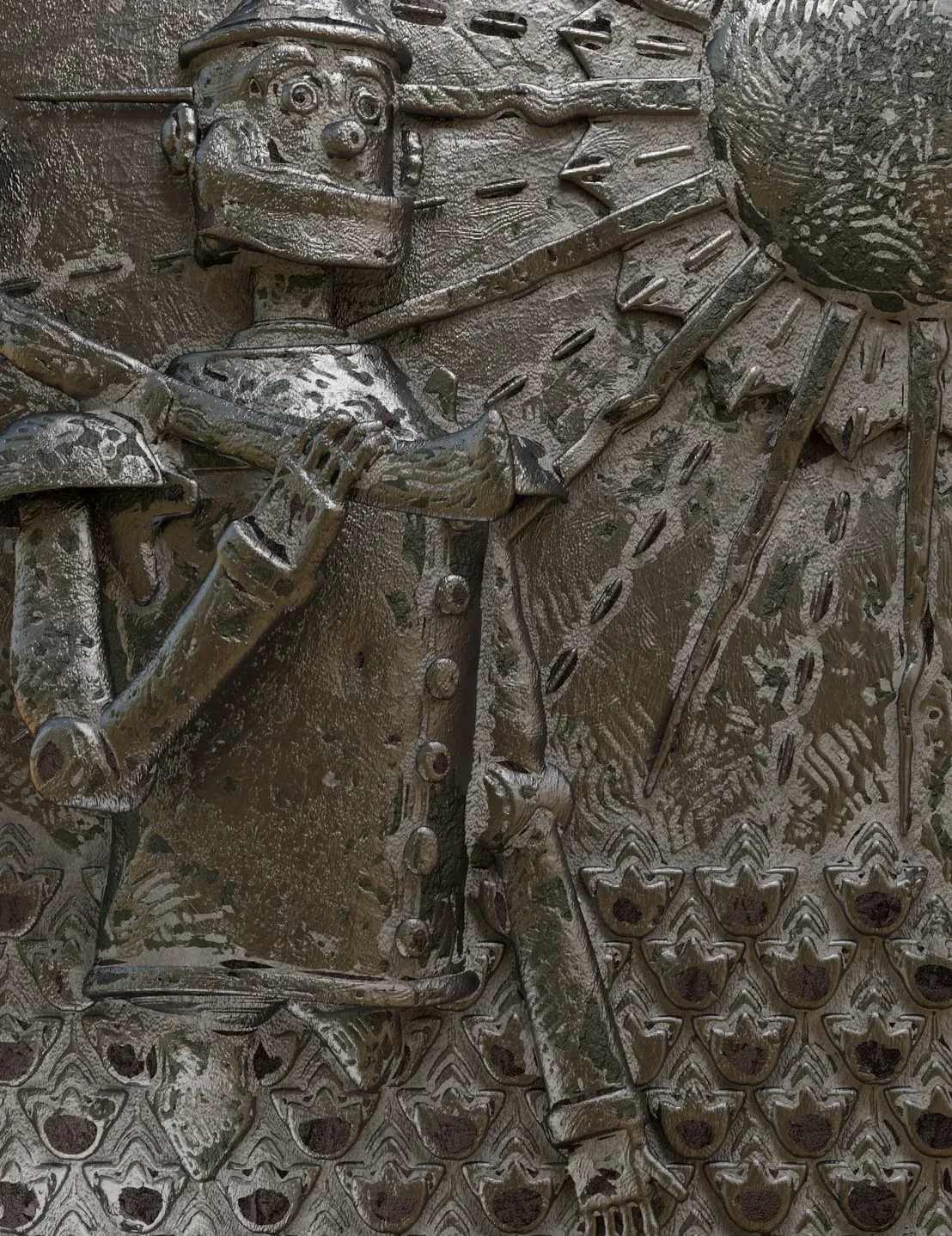 Cast metal relief of the Tin Man raising his axe against a radiating sun, standing over a field of stylised crops.