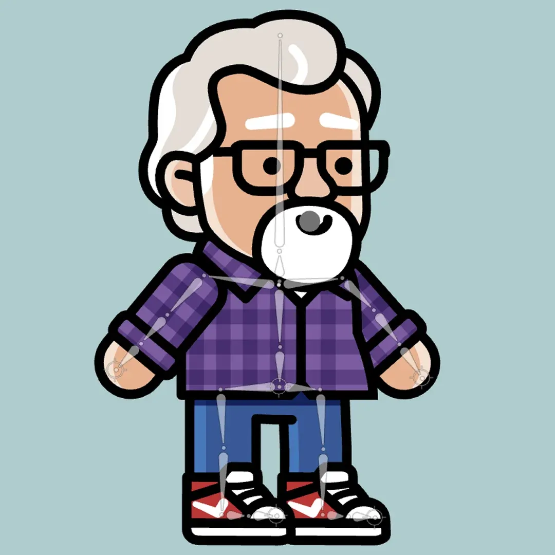Illustrated character with a rigging overlay — an interactive Rive rig.