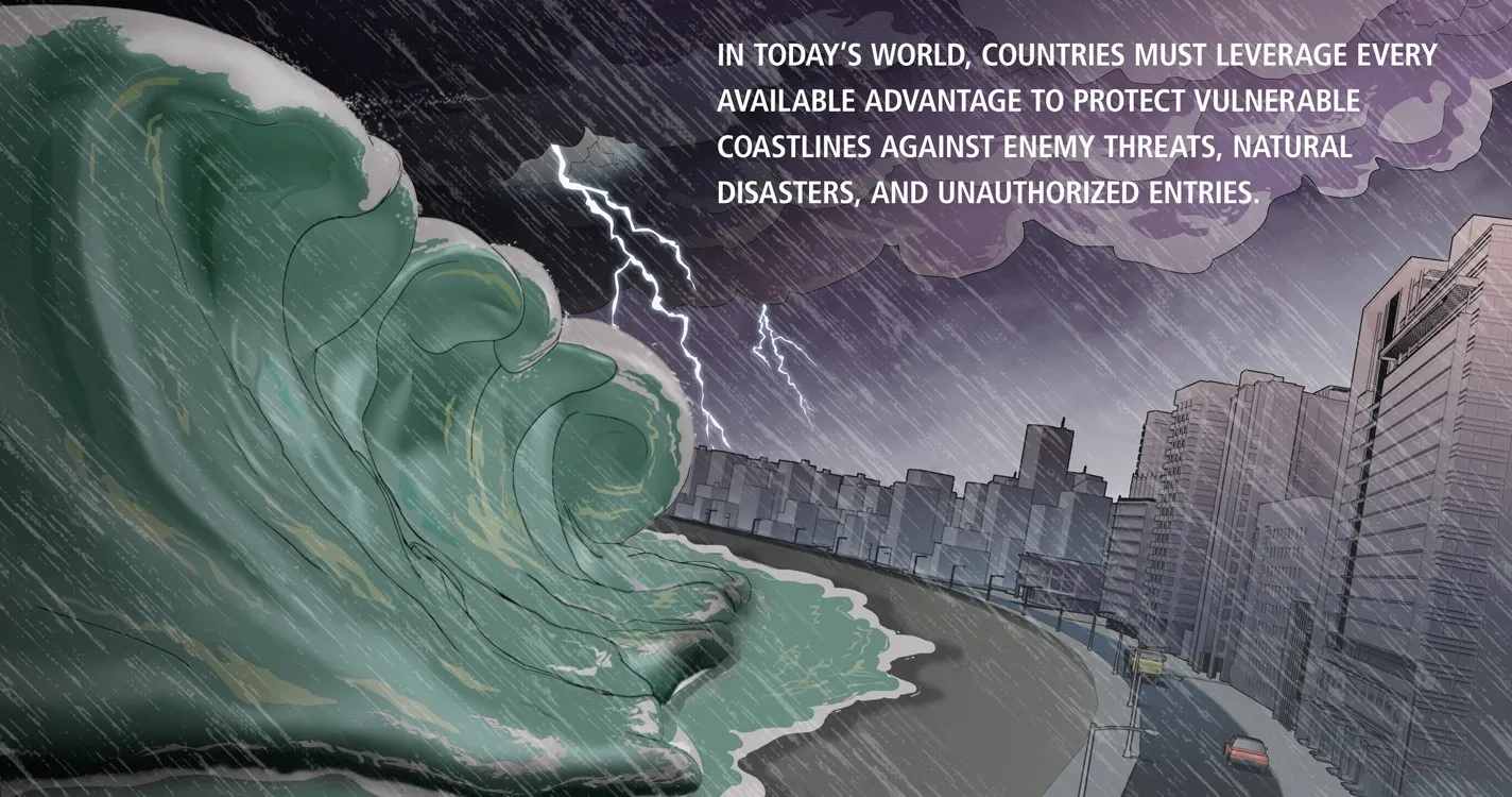 Scene one: a towering wave curls toward a city skyline under a lightning storm, opening on the threats coastlines face.