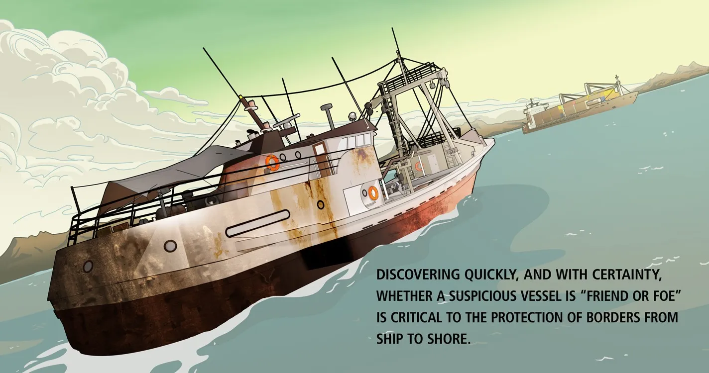 Scene two: a rusting trawler cuts across open water near a headland, a second vessel visible on the horizon.