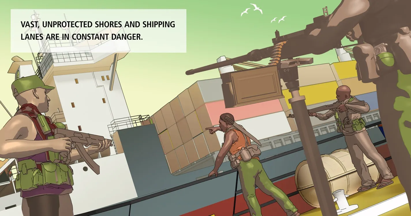 Scene three: armed figures board a container ship, one manning a mounted gun while another points across the deck.