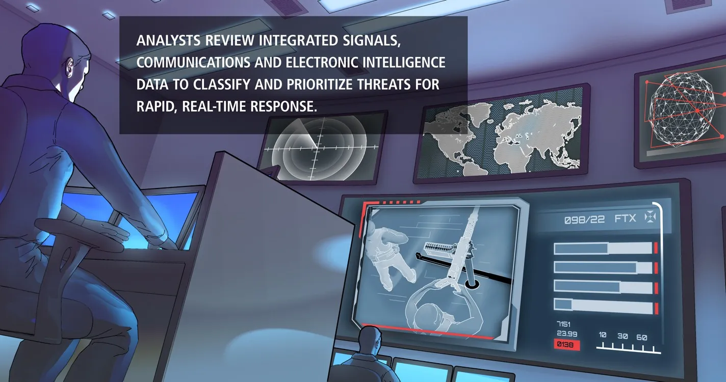 Scene six: analysts in a darkened operations room review threat data across wall displays and a thermal target readout.