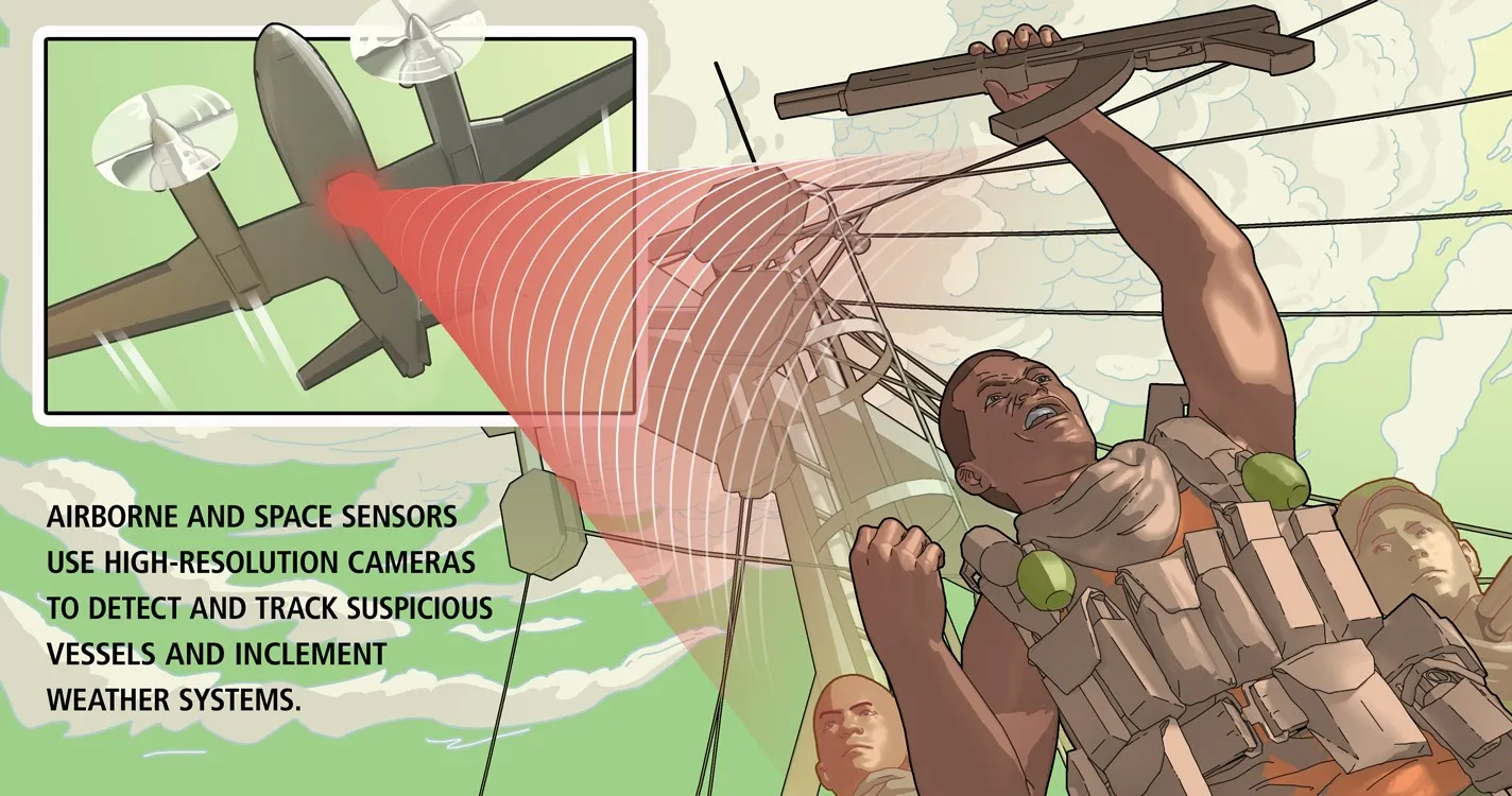 Scene seven: a twin-propeller surveillance aircraft trains a sensor cone on armed figures aboard a vessel, seen from below.