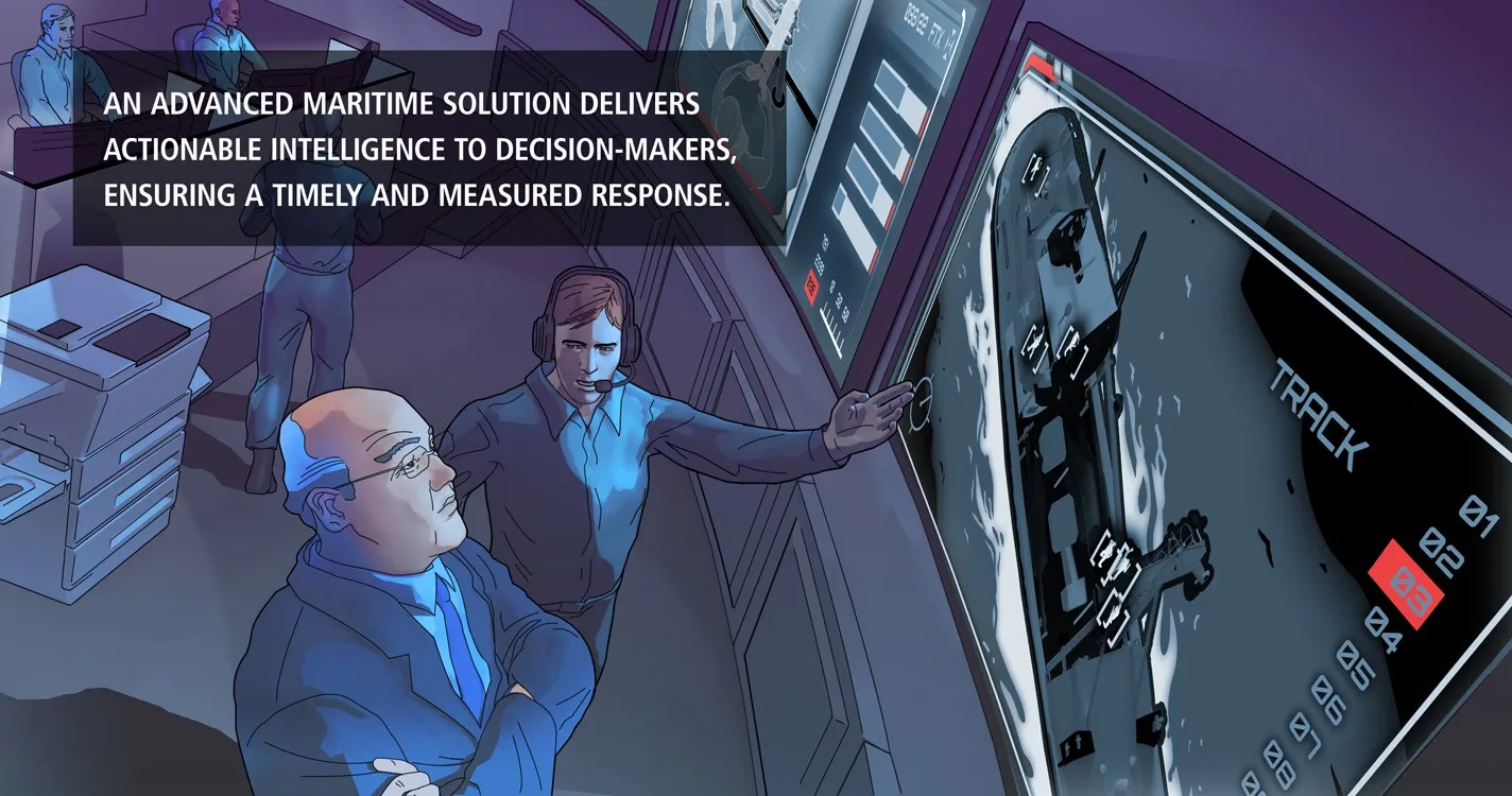 Scene nine: two decision-makers watch a tracking display as an operator points to a flagged vessel.