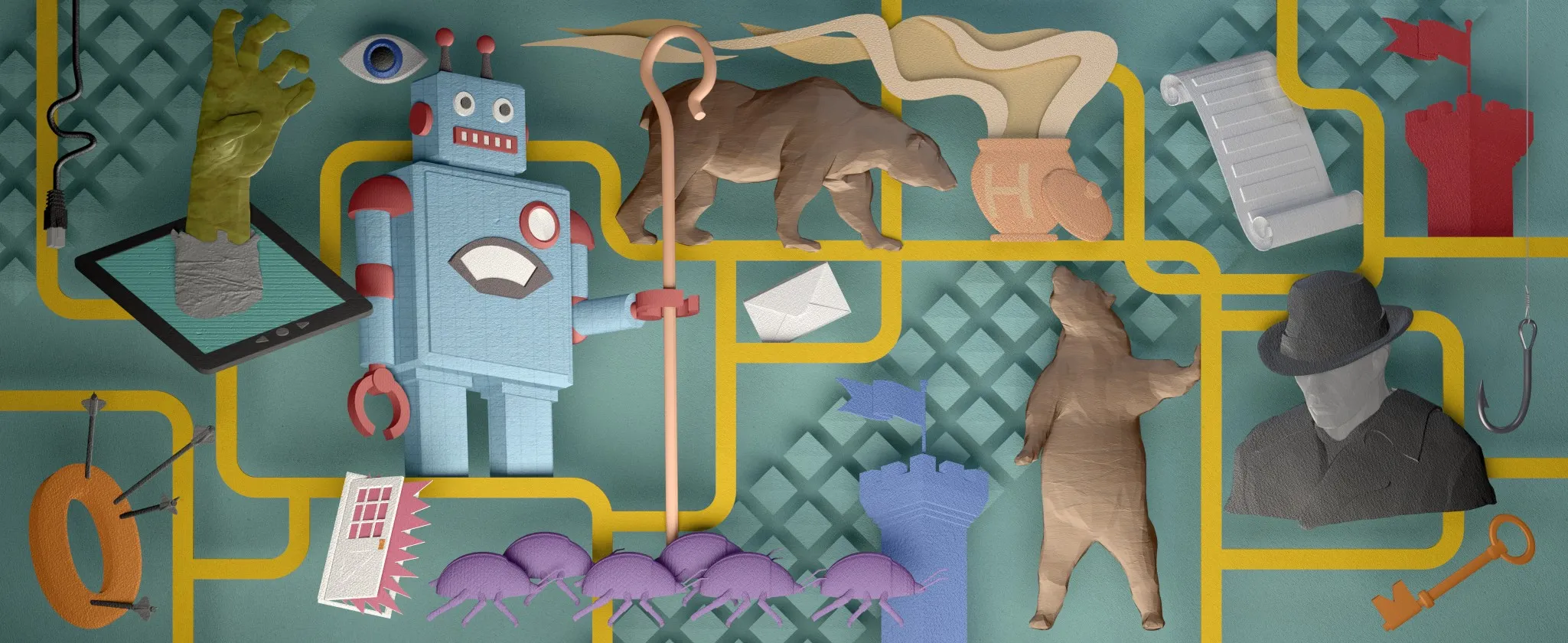 Papercraft panorama on a teal field threaded with yellow circuit lines, holding a robot, a bear, a honey pot, a scroll, a castle, a howling dog, and a hand rising from a tablet.