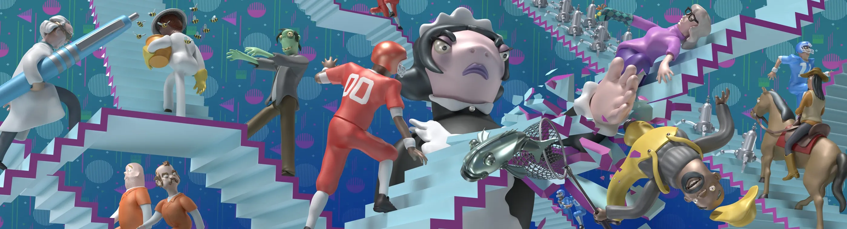 Wide illustration of characters tumbling down a maze of pale blue staircases, among them a beekeeper, a zombie, a football player, and a rider on horseback.