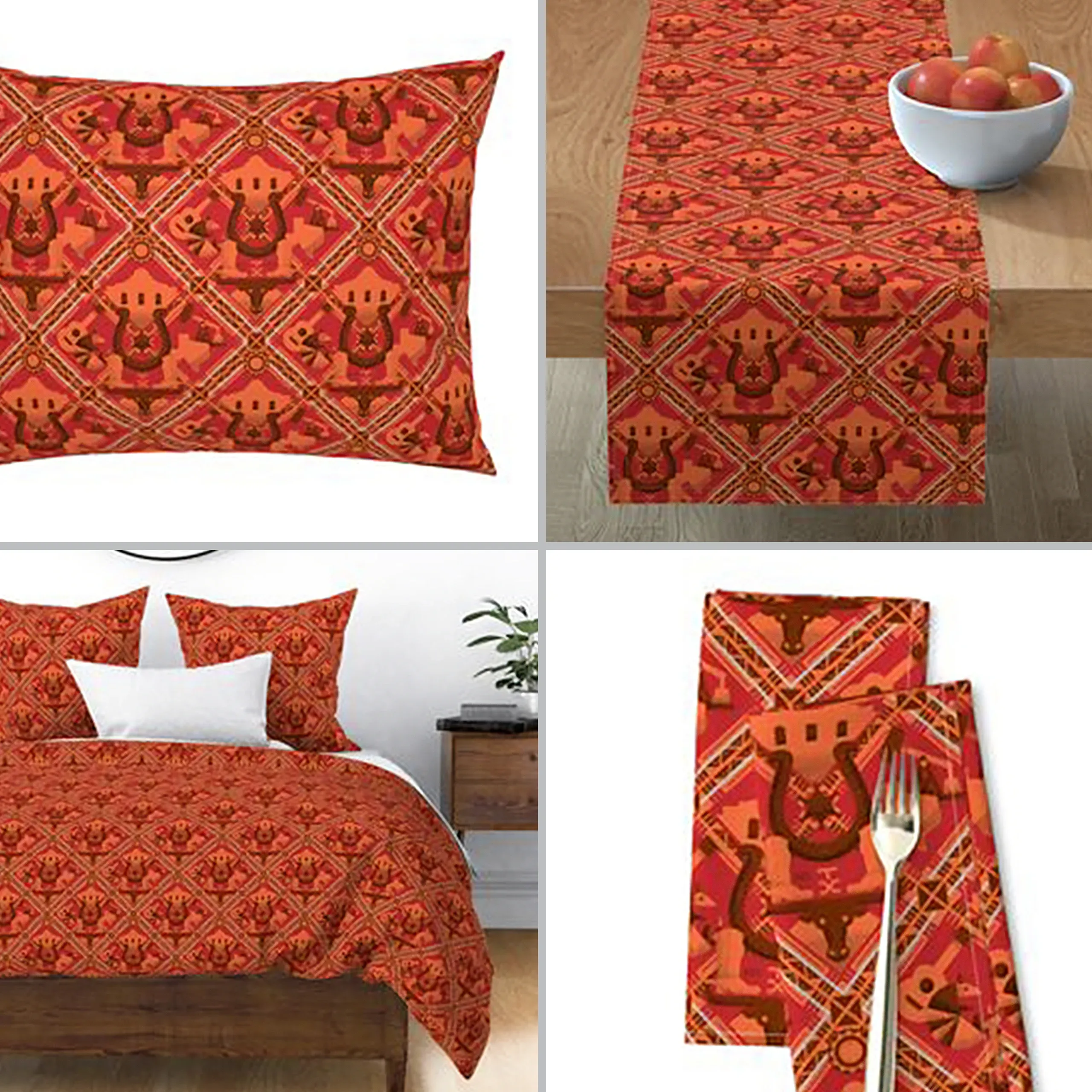 Red and orange longhorn pattern shown on a pillow, table runner, bedding, and napkins.