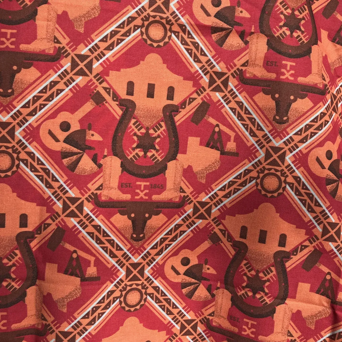 The pattern across a loose length of cloth, its diagonal lattice of longhorns, missions, horseshoes, and boots repeating edge to edge.